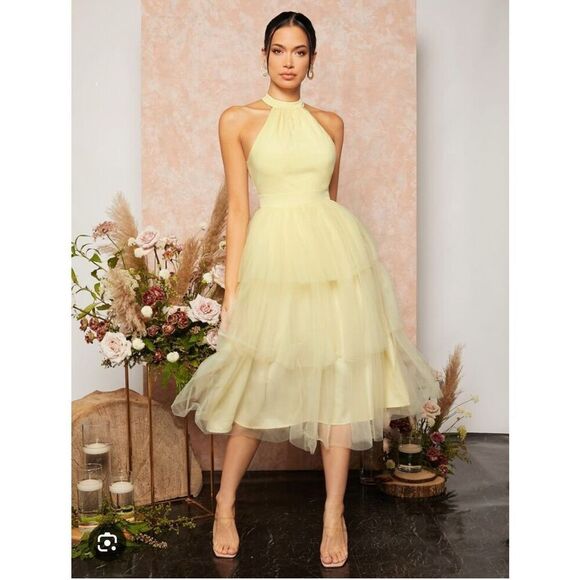 SHEIN Belle Halter Neck Layered Hem Mesh Tulle Dress - Picture 1 of 10
